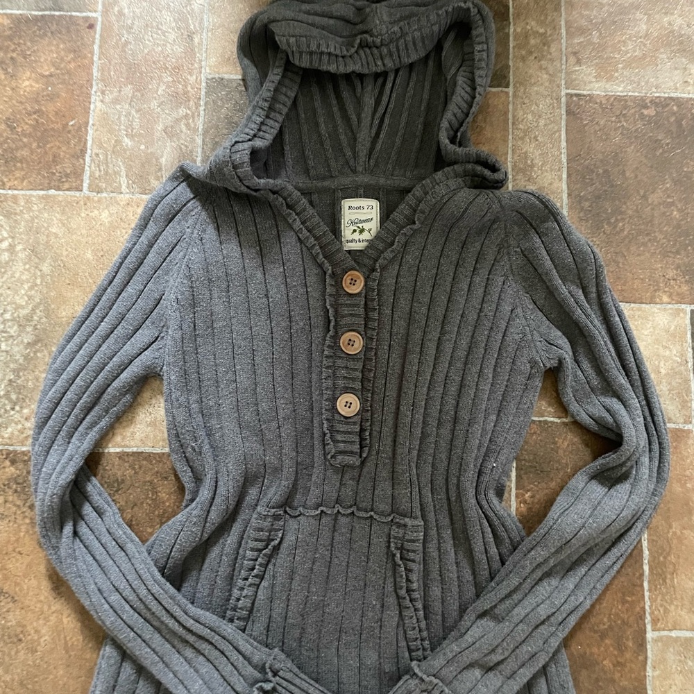 Roots Women's Charcoal Ribbed Hooded V-Neck Sweater